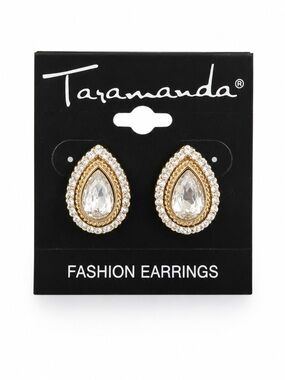 Taramanda Gold Tone Teardrop Crystal Rhinestone Stud Earrings New on Card